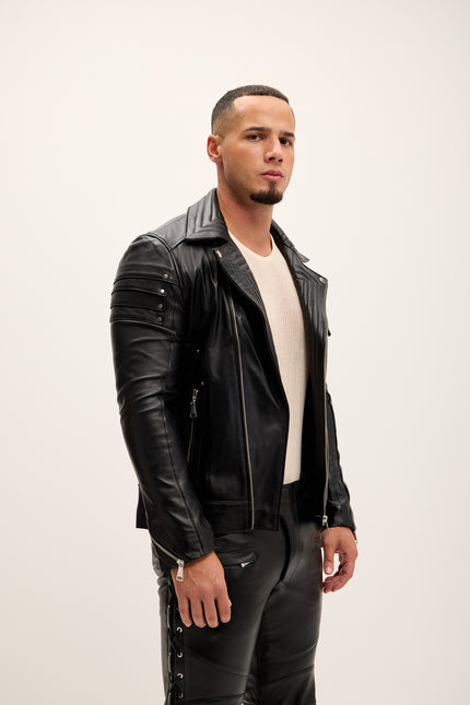Men's Shoulder Detail Leather Moto Jacket - Black - Ron Tomson Leather