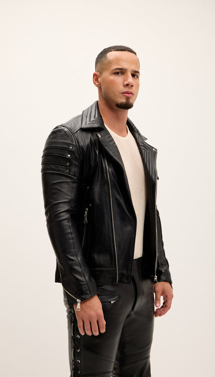 Shoulder Detail Leather Moto Jacket - Black - Ron Tomson
