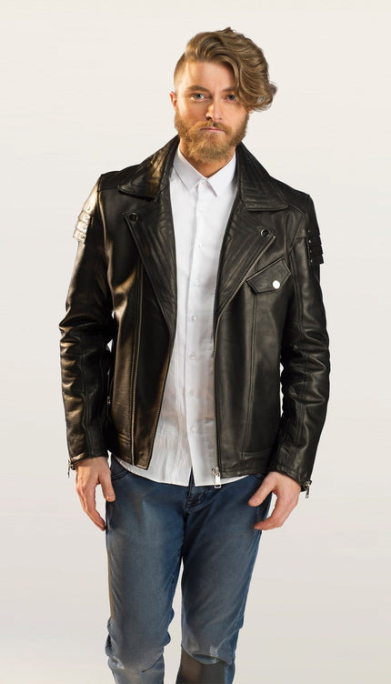 Shoulder Detail Leather Moto Jacket - Black - Ron Tomson