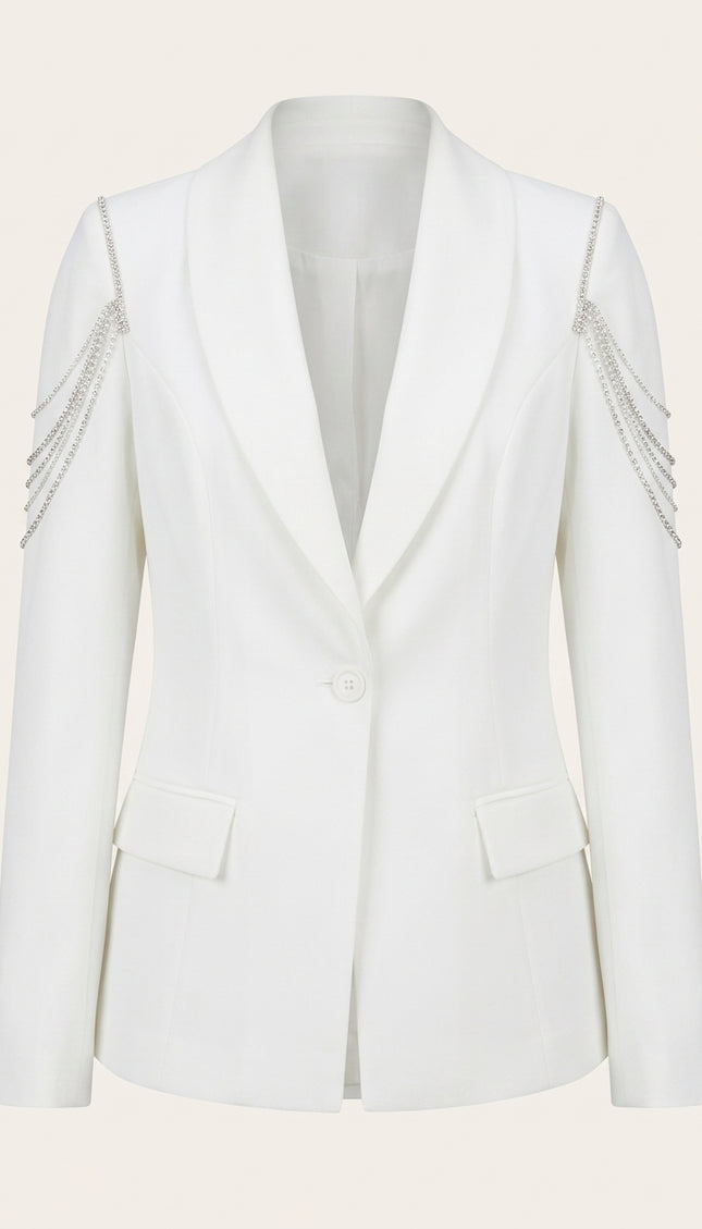 Shoulder Detail Shawl Blazer - White - Front