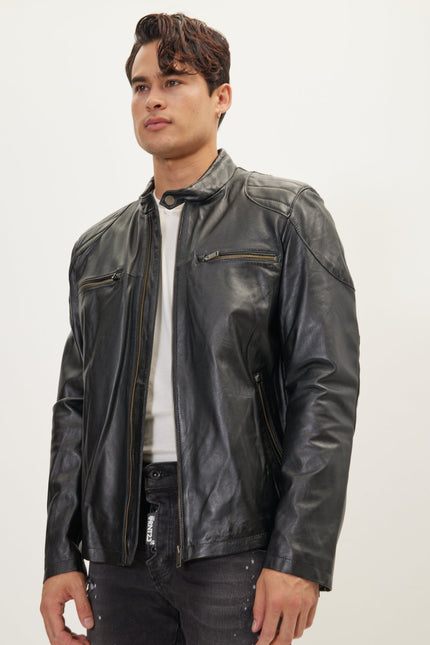 Men's Shoulder Patch Moto Leather Jacket - Black - Ron Tomson Leather