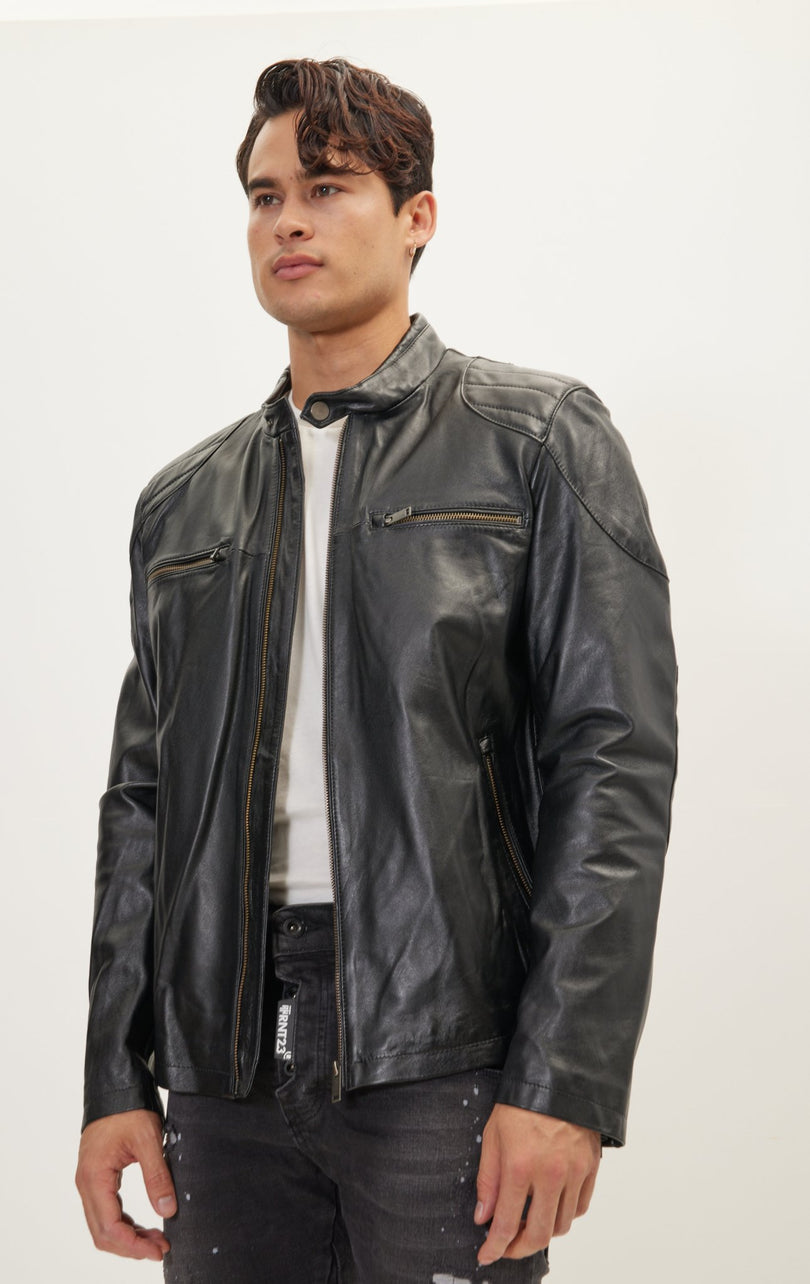 Men's Shoulder Patch Moto Leather Jacket - Black - Ron Tomson Leather