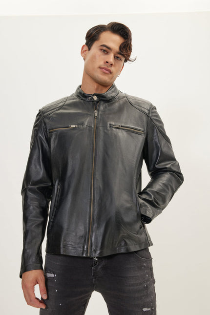 Men's Shoulder Patch Moto Leather Jacket - Black - Ron Tomson