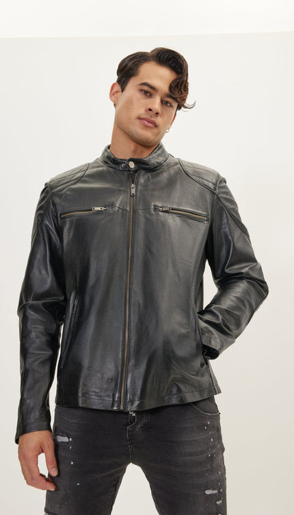 Shoulder Patch Moto Leather Jacket - Black - Ron Tomson