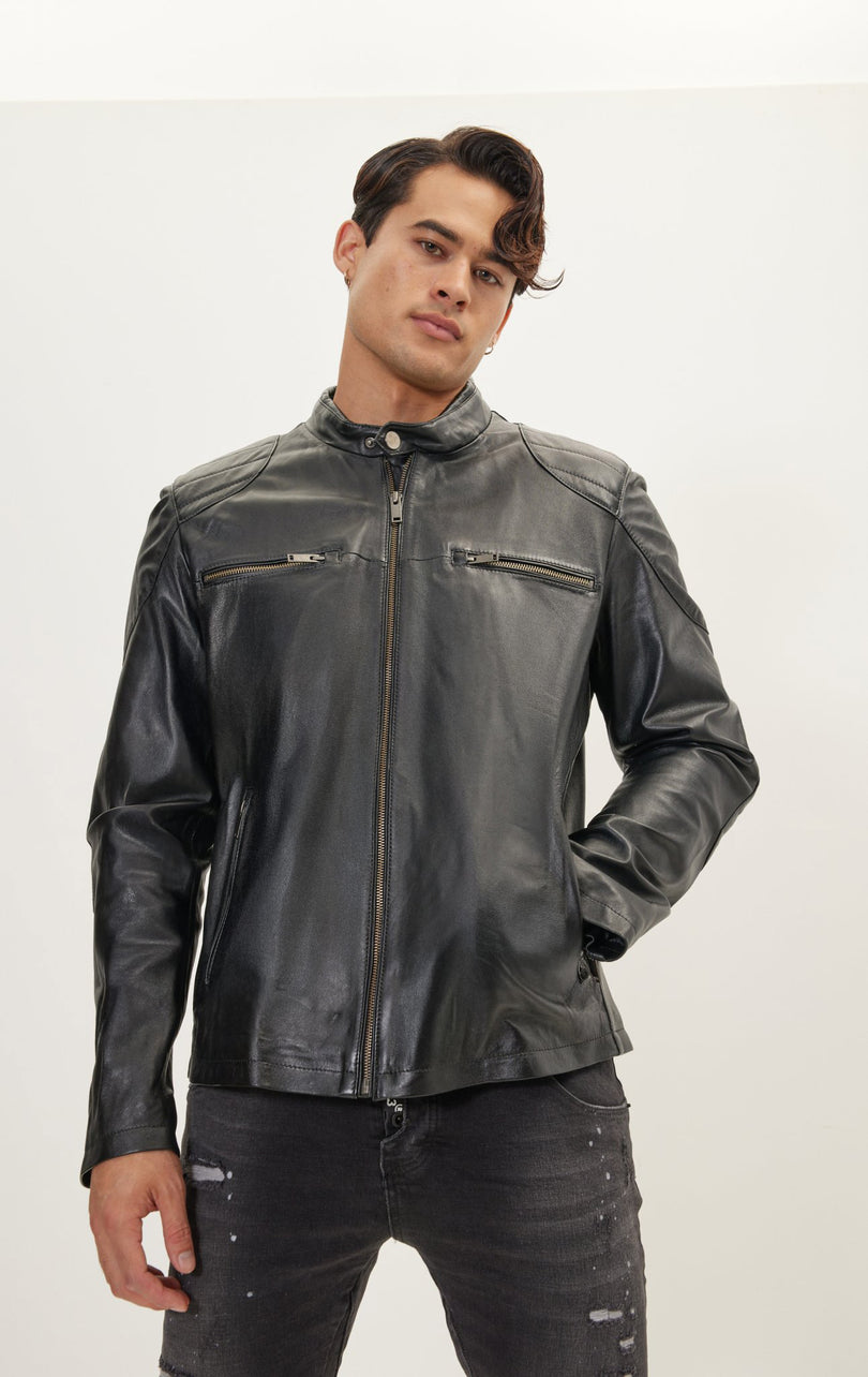 Men's Shoulder Patch Moto Leather Jacket - Black - Ron Tomson