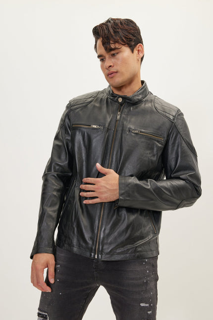 Men's Shoulder Patch Moto Leather Jacket - Black - Ron Tomson Leather