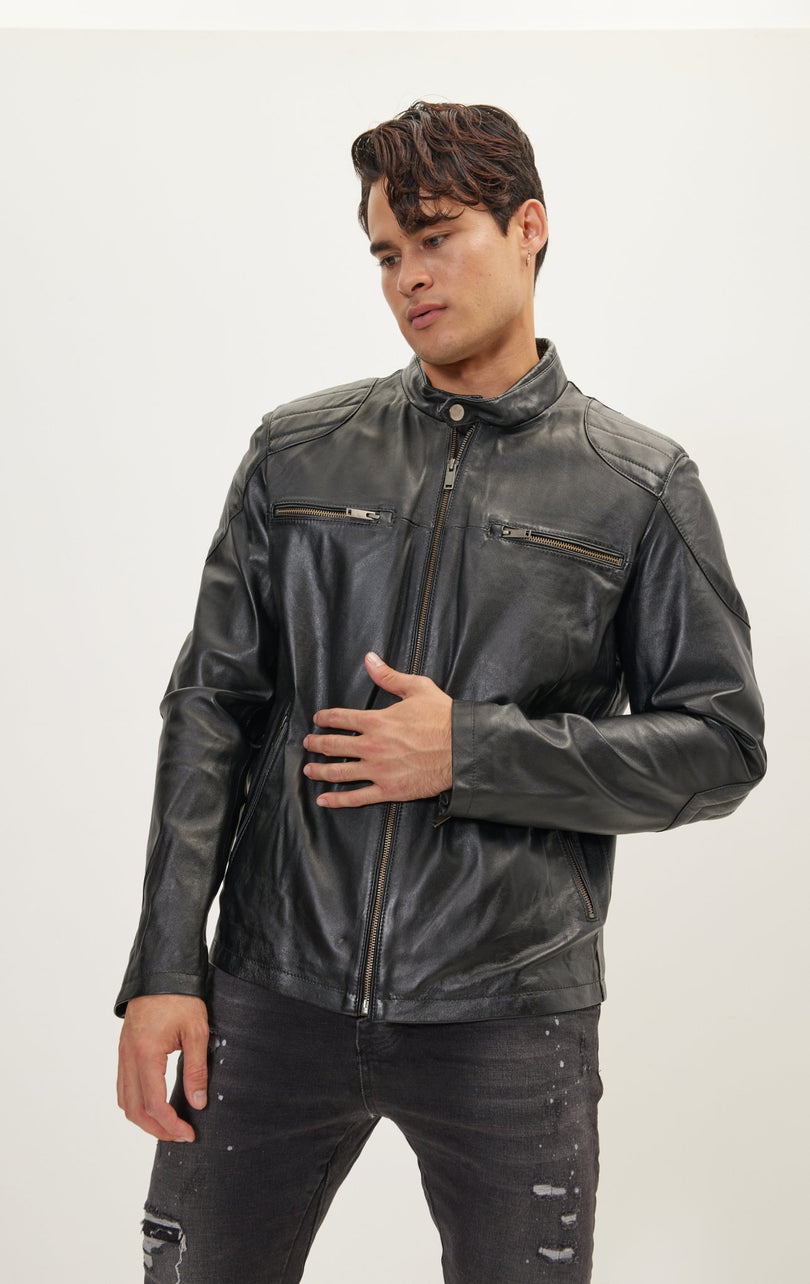 Men's Shoulder Patch Moto Leather Jacket - Black - Ron Tomson Leather