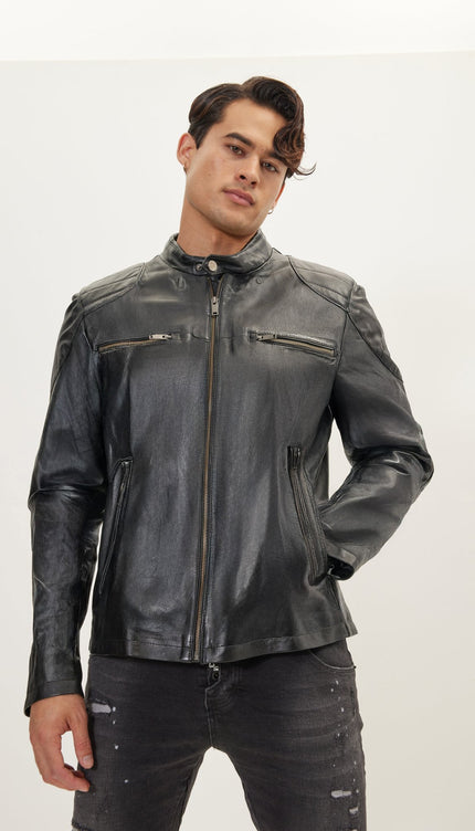 Shoulder Patch Moto Leather Jacket - Black - Ron Tomson