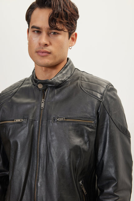 Men's Shoulder Patch Moto Leather Jacket - Black - Ron Tomson Leather