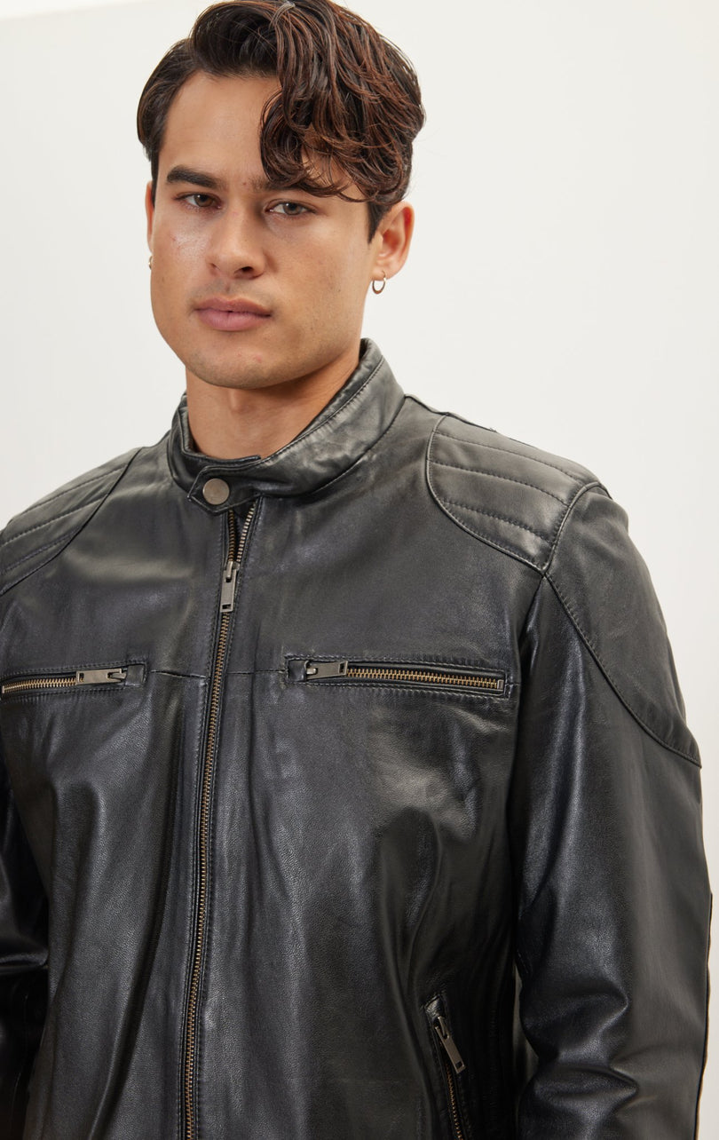 Men's Shoulder Patch Moto Leather Jacket - Black - Ron Tomson Leather