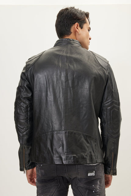 Men's Shoulder Patch Moto Leather Jacket - Black - Ron Tomson Leather