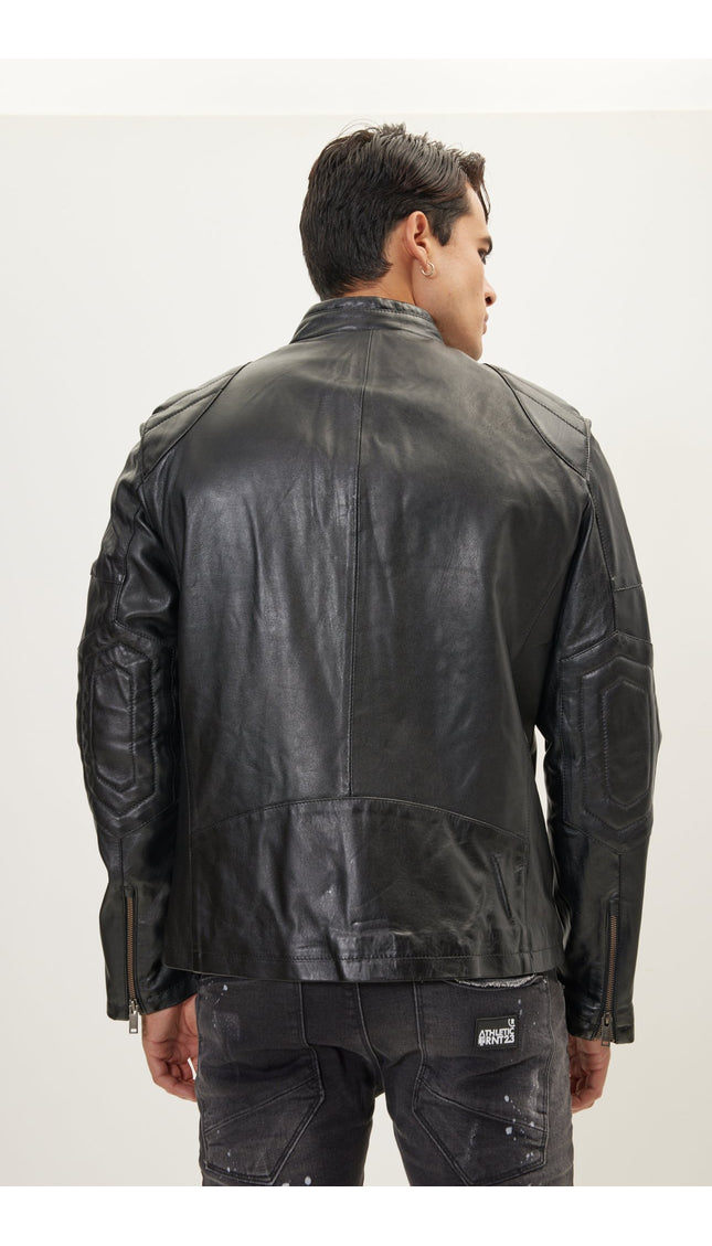 Shoulder Patch Moto Leather Jacket - Black - Ron Tomson