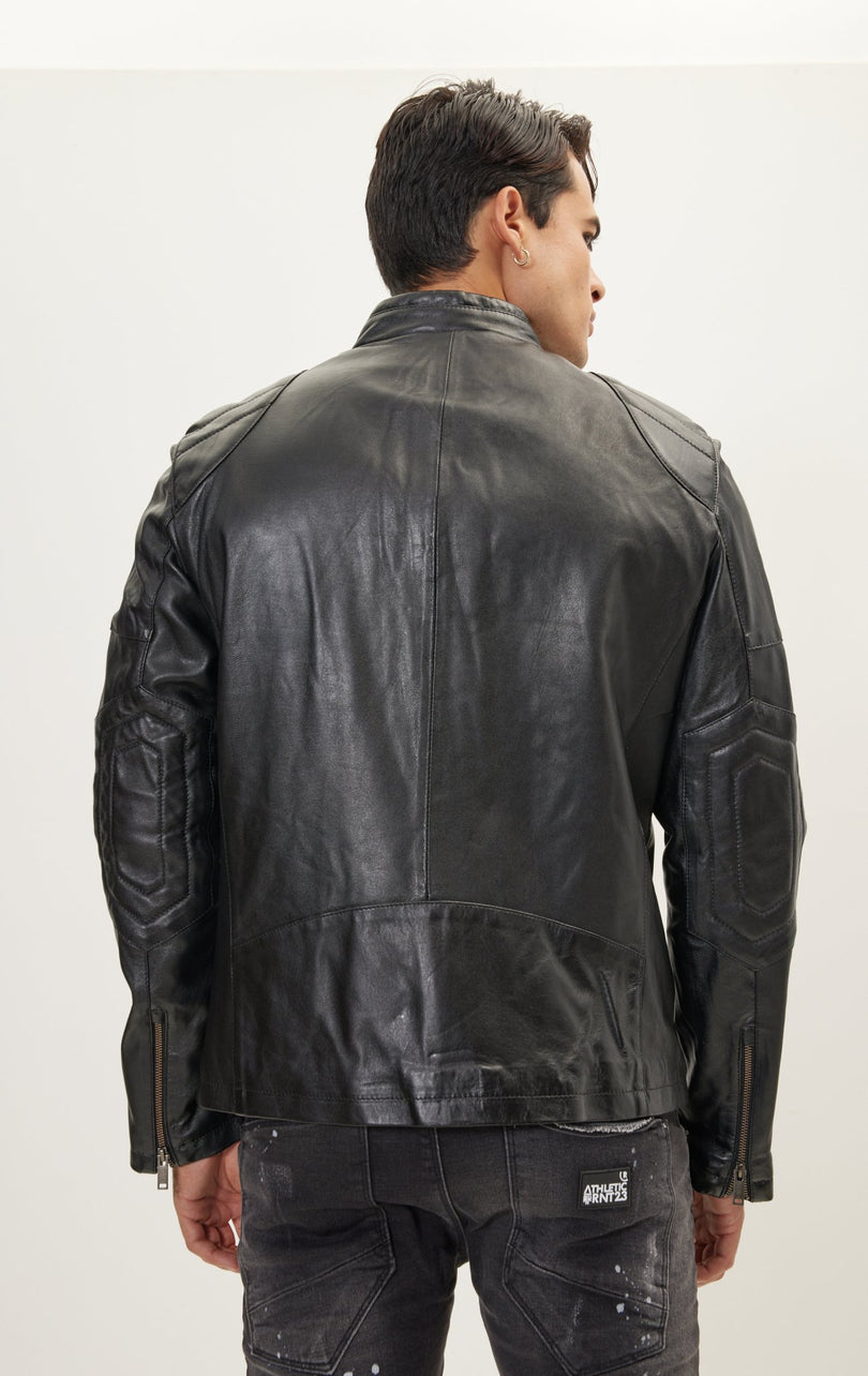 Men's Shoulder Patch Moto Leather Jacket - Black - Ron Tomson Leather