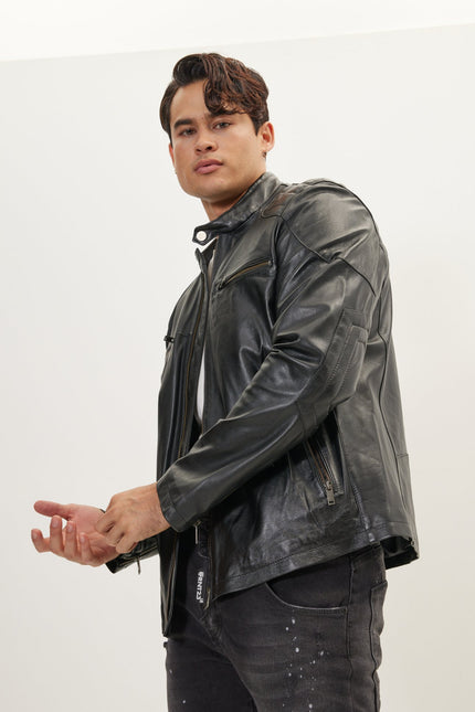 Men's Shoulder Patch Moto Leather Jacket - Black - Ron Tomson Leather