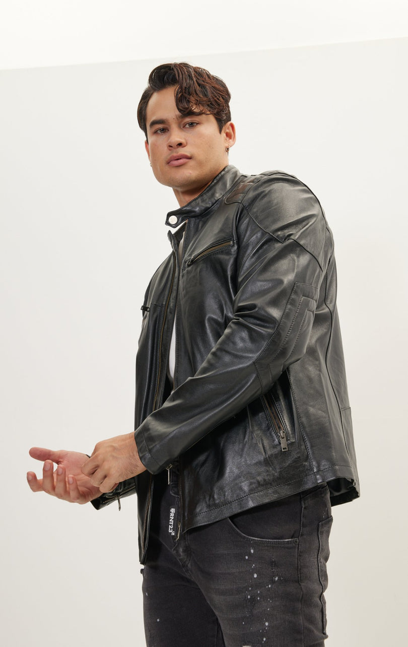 Men's Shoulder Patch Moto Leather Jacket - Black - Ron Tomson Leather