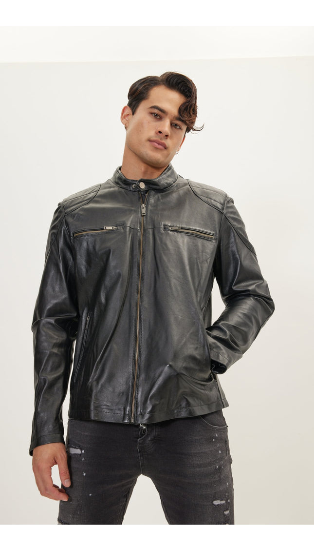 Shoulder Patch Moto Leather Jacket - Black - Ron Tomson