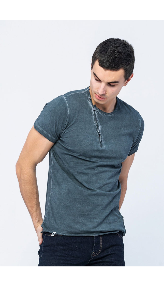 Side Button Closure Distorted T Shirt - Anthracite - Ron Tomson