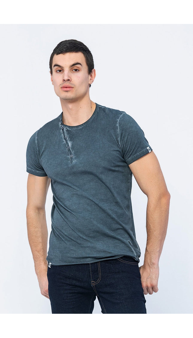 Side Button Closure Distorted T Shirt - Anthracite - Ron Tomson