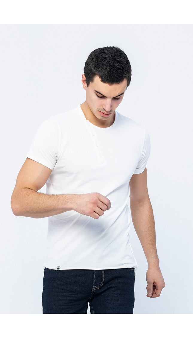 Side Button Closure Distorted T-Shirt - Natural - Ron Tomson