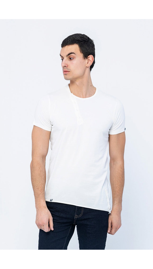 Side Button Closure Distorted T-Shirt - Natural - Ron Tomson