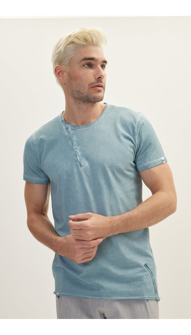 Side Button Closure Distorted T-Shirt - Smoke Blue - Ron Tomson