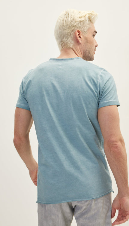 Side Button Closure Distorted T-Shirt - Smoke Blue - Ron Tomson