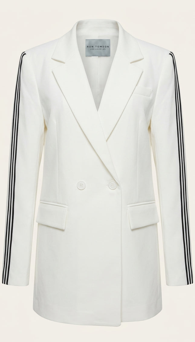 Side Stripe Long Blazer - White - Front
