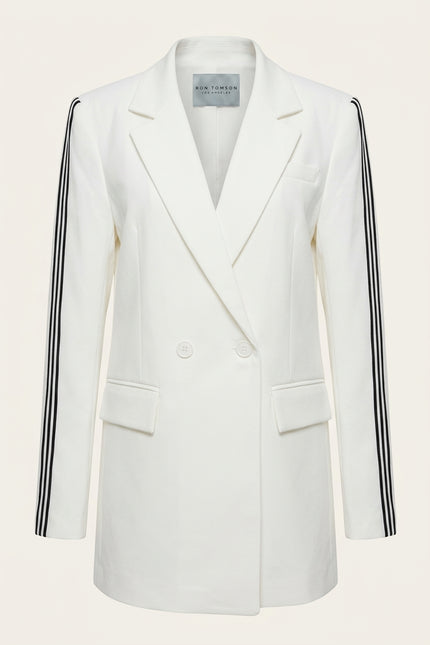 Side Stripe Long Blazer - White - Front