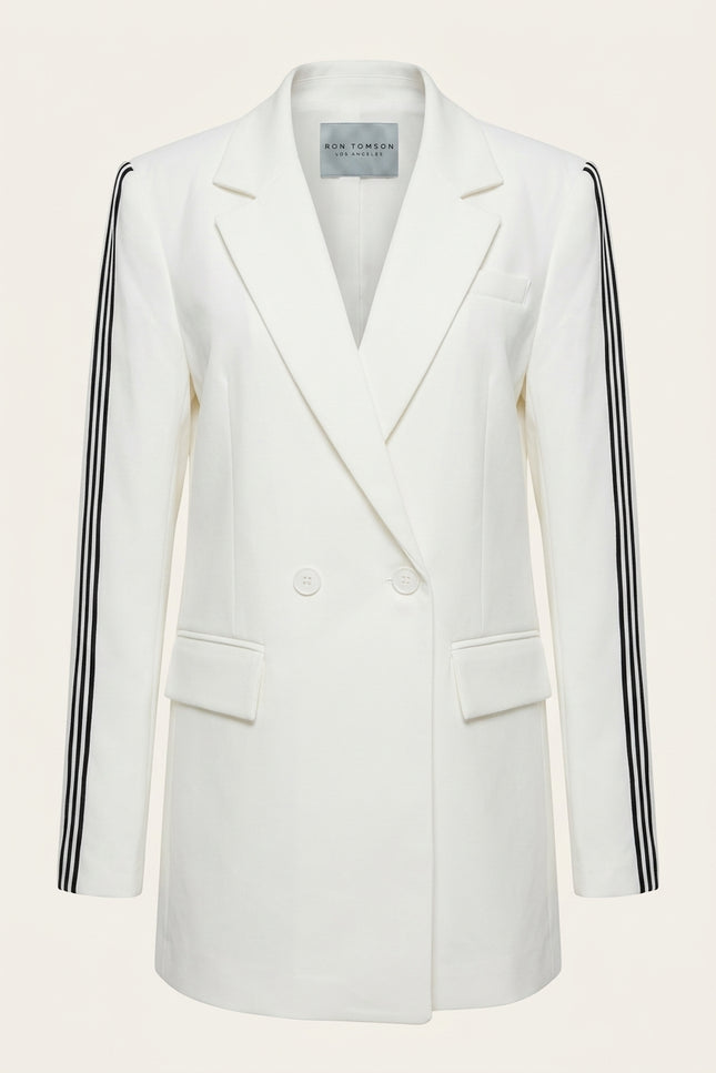 Side Stripe Long Blazer - White - Front