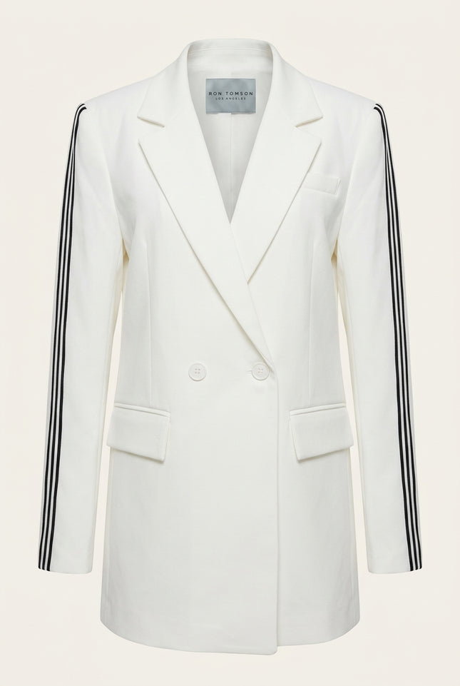 Side Stripe Long Blazer - White - Front