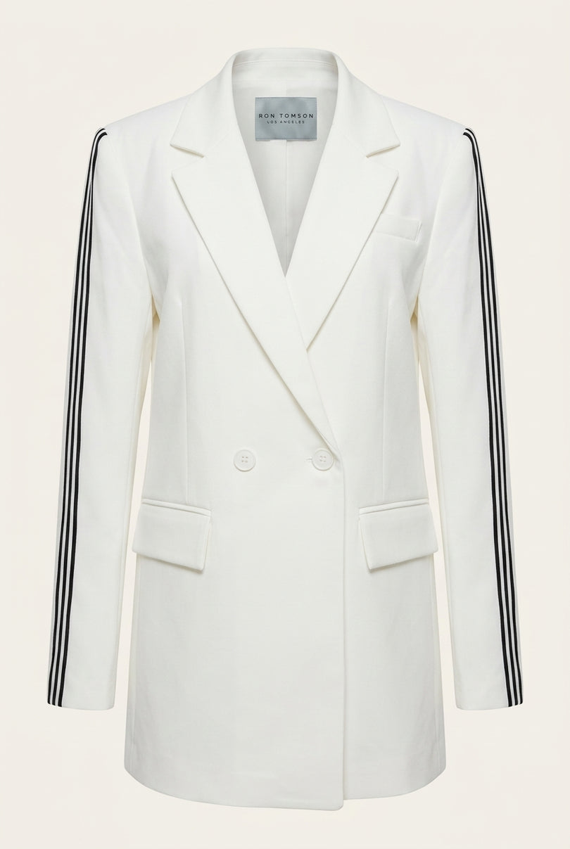 Side Stripe Long Blazer - White - Front