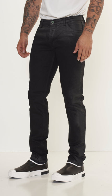 Side Waxed Tapered Jeans - Black - Ron Tomson