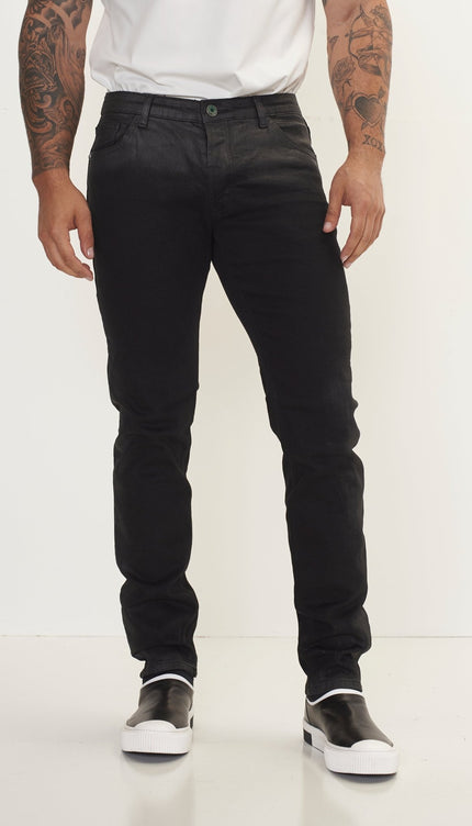Side Waxed Tapered Jeans - Black - Ron Tomson