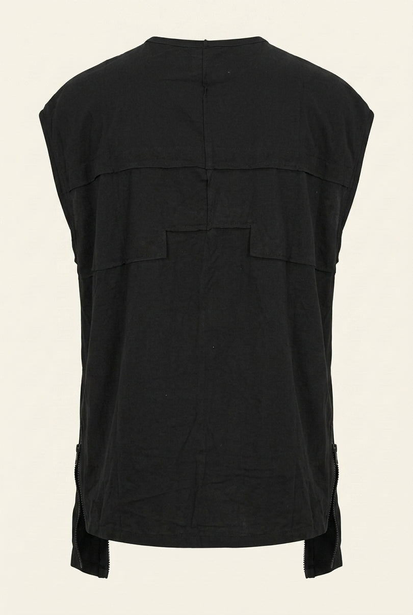 Side Zipper Detail Sleeveless Tee - Black - Back