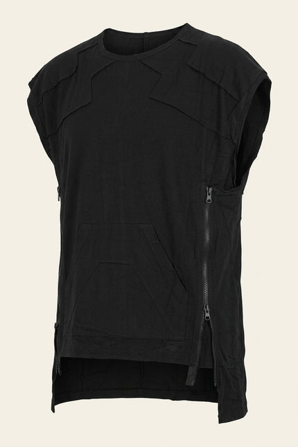 Side Zipper Detail Sleeveless Tee - Black - Front
