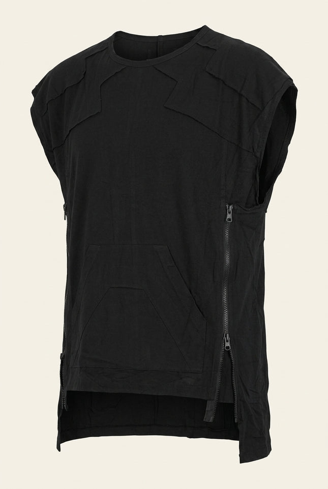 Side Zipper Detail Sleeveless Tee - Black - Front