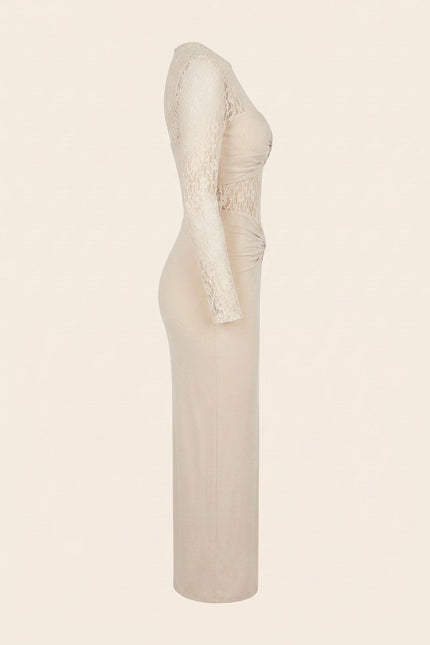 Long Sleeve Laced Dress - Beige - Side