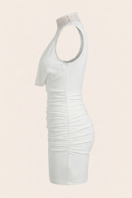Lace and Stretch Short Dress - White - Side