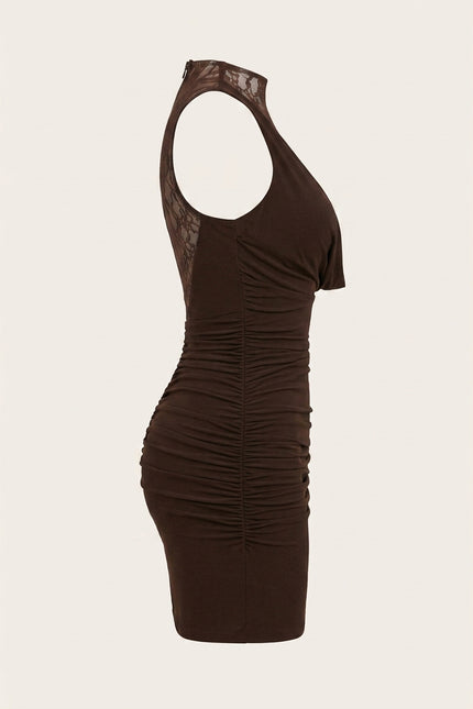 Lace and Stretch Short Dress - Brown - Side