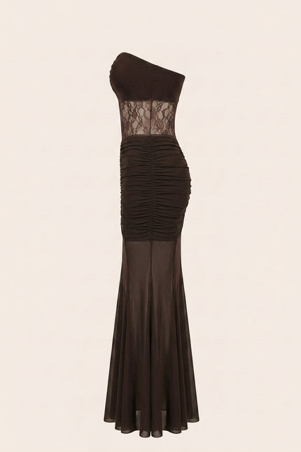 Scrunchy and Lace Dress - Brown - Side