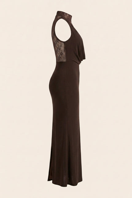 Sleeveless Lace Dress - Brown - Side