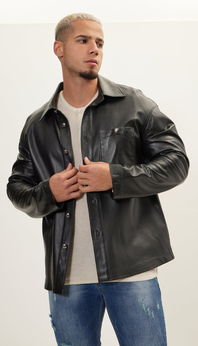 Silver Button Leather Shirt Jacket - Black - Ron Tomson