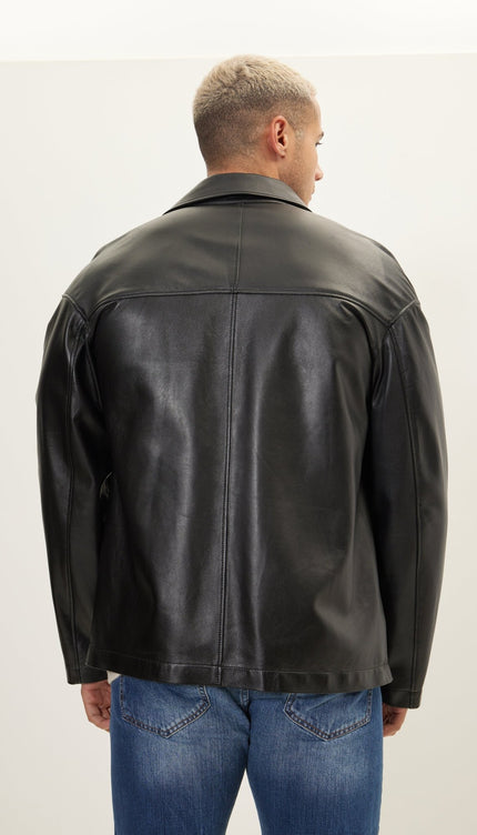 Silver Button Leather Shirt Jacket - Black - Ron Tomson