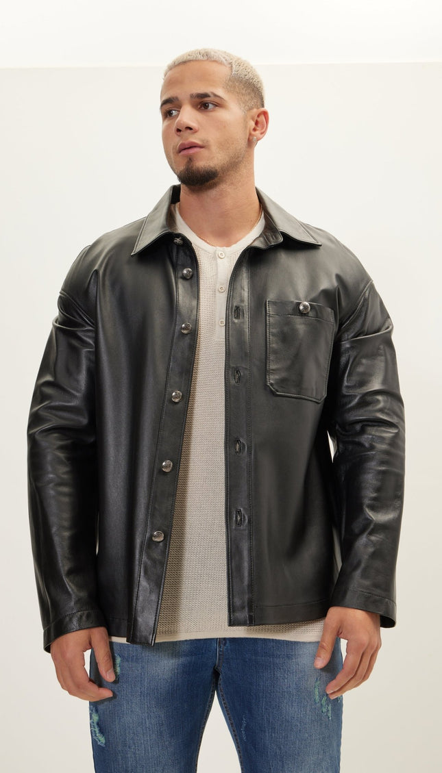 Silver Button Leather Shirt Jacket - Black - Ron Tomson