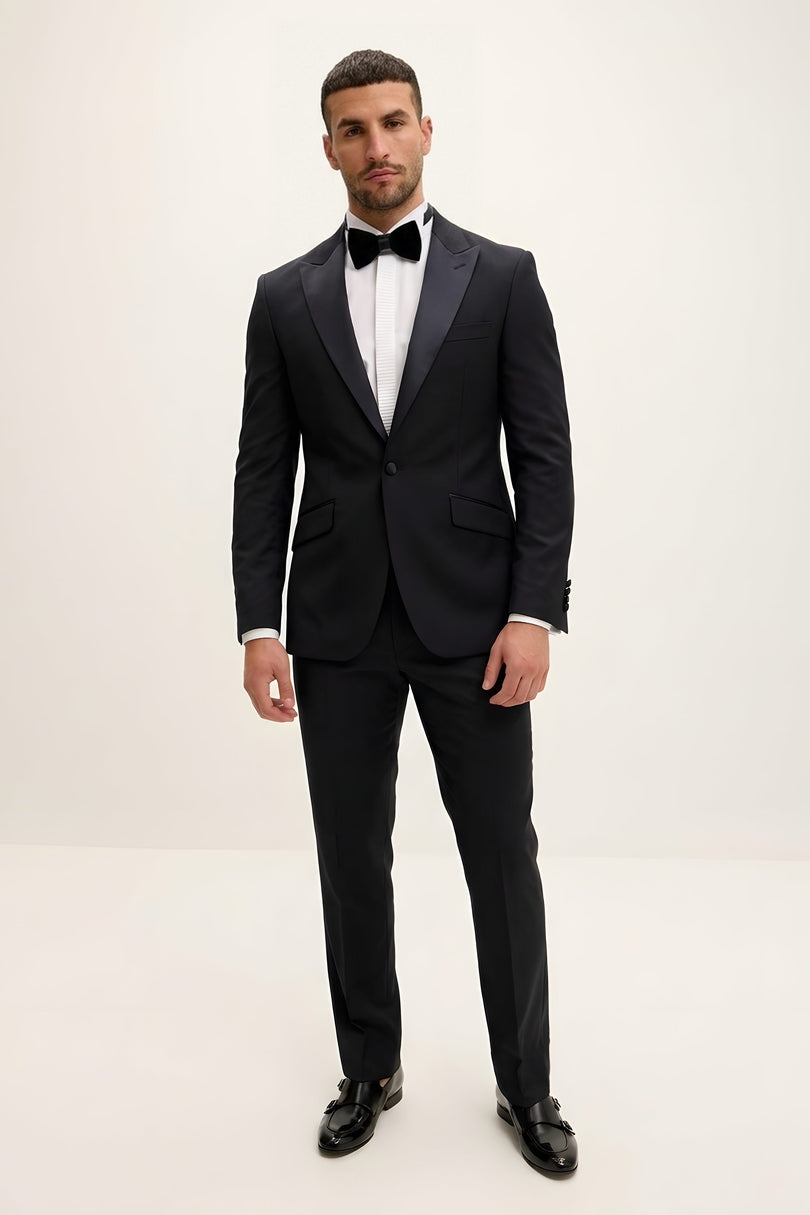 Slant Pocket Peak Lapel Tuxedo - Black - Front