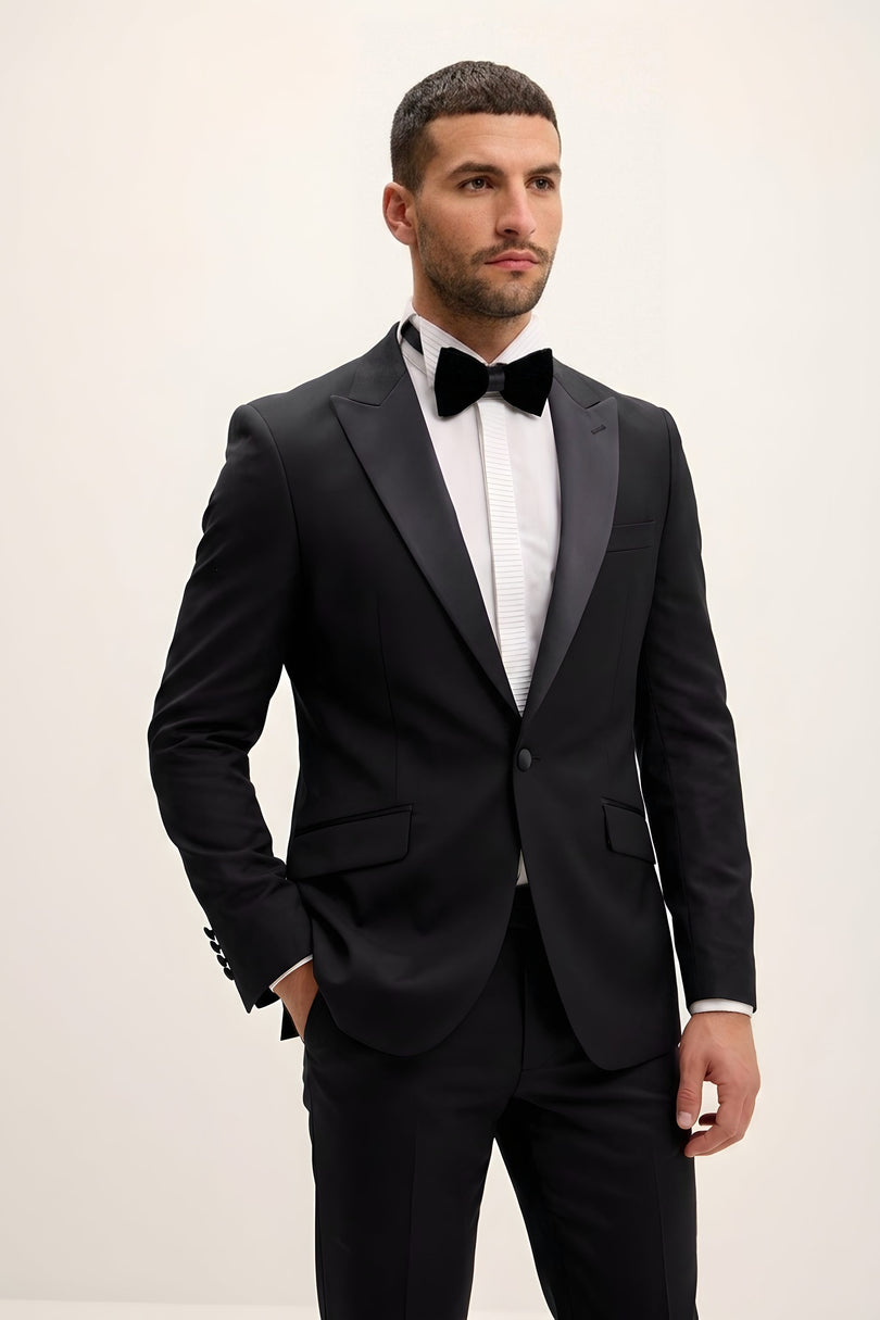 Slant Pocket Peak Lapel Tuxedo - Black - Front (styled)