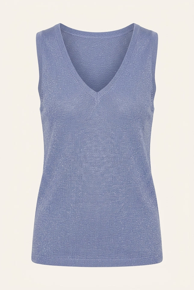 Sleeveless Glitter V-Neck Top - Blue - Front