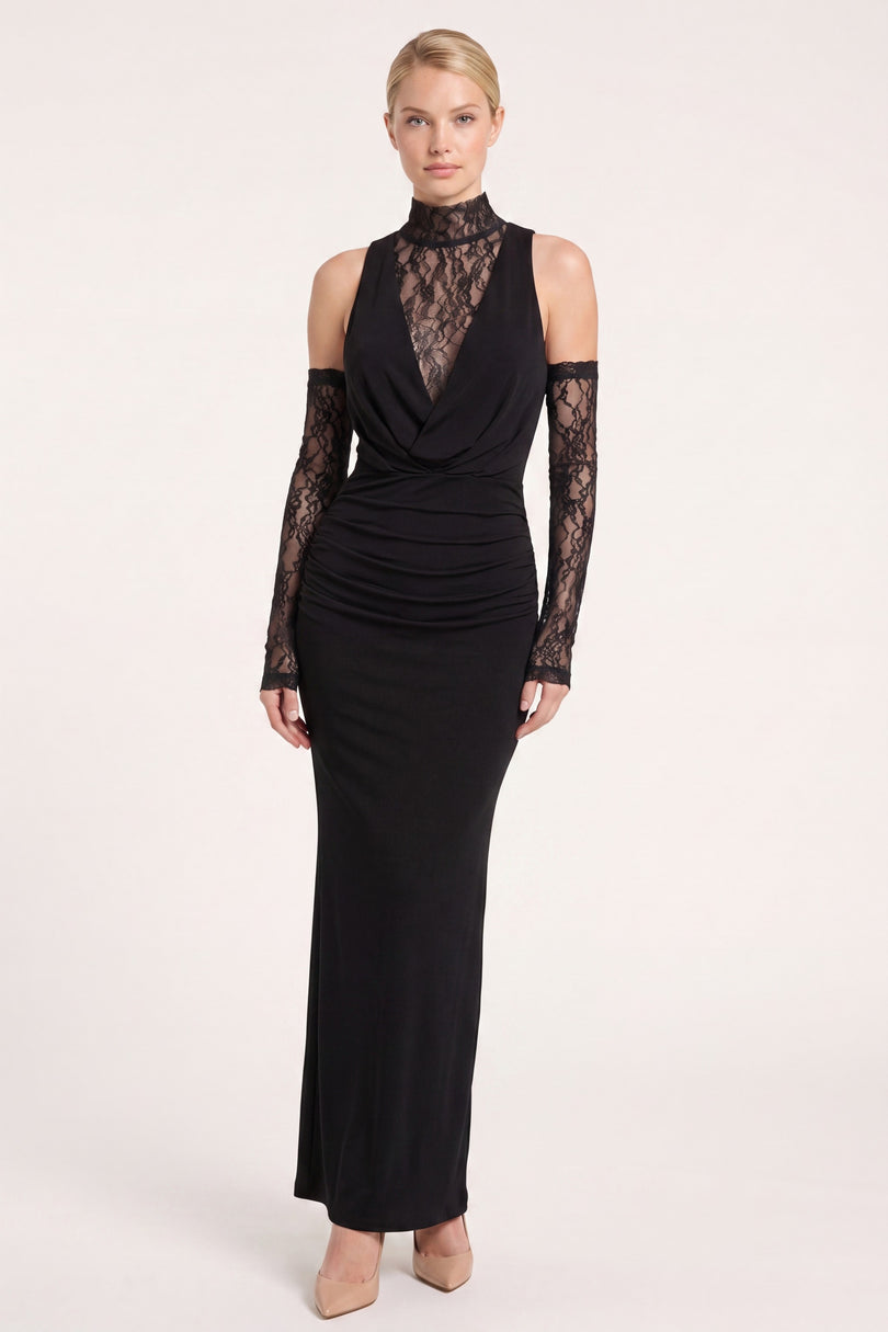 Sleeveless Lace Dress - Black - front view