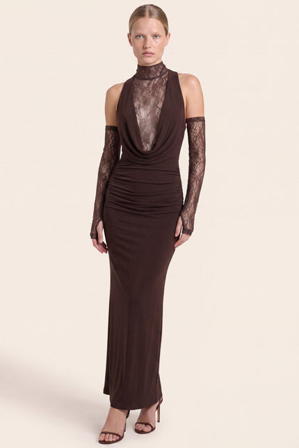 Sleeveless Lace Dress - Brown - front view