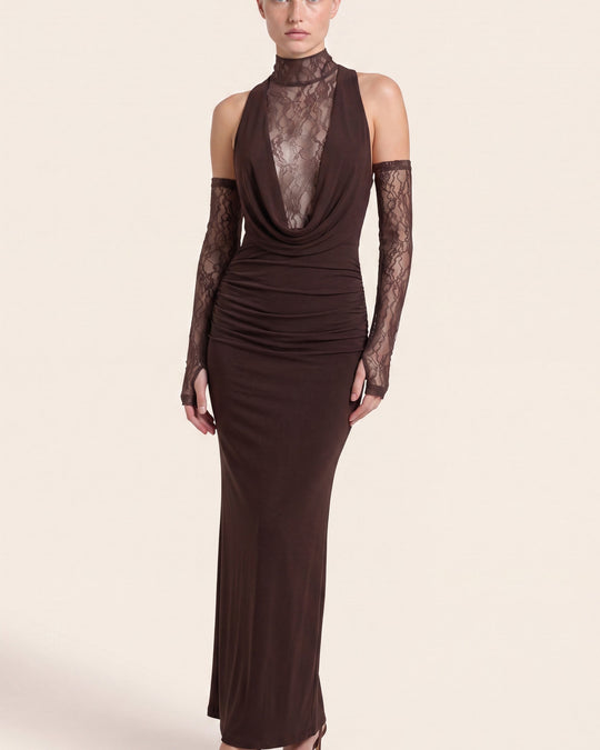 Sleeveless Lace Dress - Brown - front view